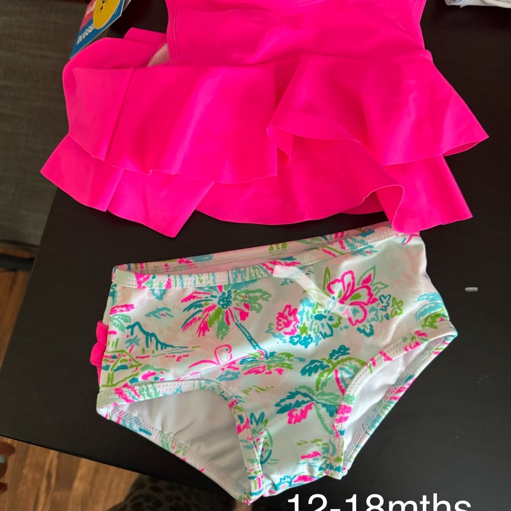 Ruffle Butts Girls Neon Pink Ruffle Tankini with Floral Bottoms